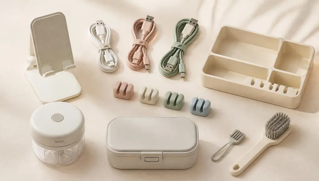 A clean arrangement of small everyday products including a phone stand, charging cables, a desk tray and a compact storage box